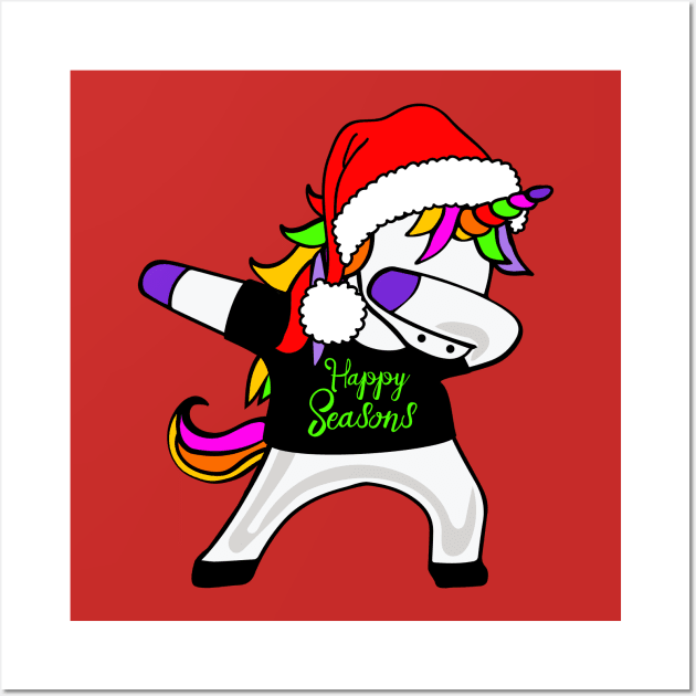 Happy Seasons - Dabbing Unicorn With Santa Claus Hat 1 Wall Art by EDDArt